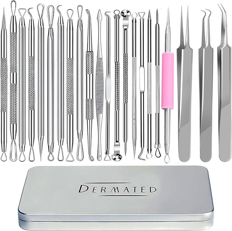 DERMATED 22 Pcs Pimple Popper Tool Kit 410 Stainless Steel Blackhead Remover Tools, Pimple Extractor Tool Kit for Blackheads, Blemish, Comdone, Acne, Zit, and Whiteheads for Face & Nose - Image 1